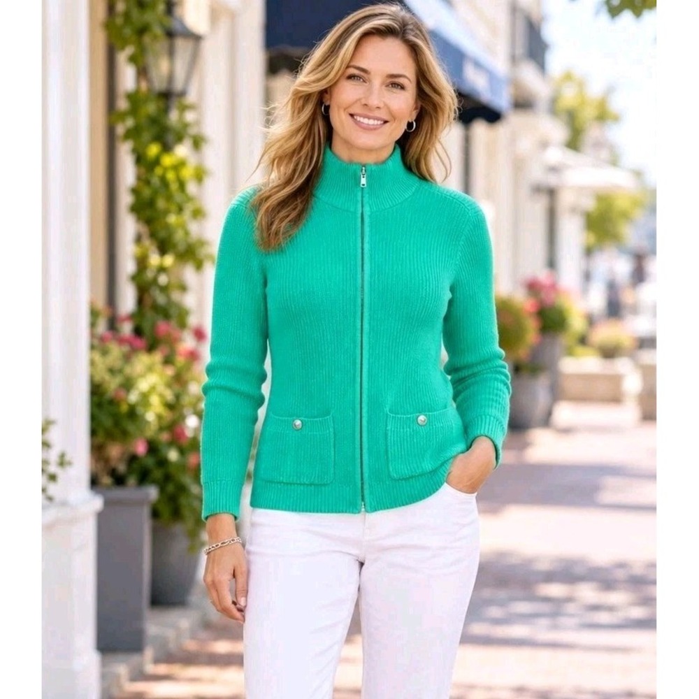 Chaps Womens Medium Zip Front Cardigan Sweater Ribbed Knit Pockets Preppy Sporty